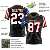 Custom Camo White Red-Olive Authentic American Flag Stars And Stripes Two Tone Salute To Service 7V7 Flag Football Jersey
