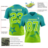 Custom Teal Neon Green-White Authentic Star Gradient 7V7 Flag Football Jersey