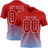 Custom Red Light Blue-White Authentic Fluid Wave Line Fade 7V7 Flag Football Jersey