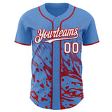 Custom Powder Blue White-Red Fluid Liquid Wave Splatter Authentic Baseball Jersey