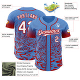 Custom Powder Blue White-Red Fluid Wave Splatter Gradient Authentic Baseball Jersey