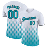 Custom White Teal-Black Geometric Hexagonal Dot Gradient Performance T-Shirt