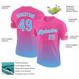 Custom Pink Sky Blue-White Geometric Hexagonal Dot Gradient Performance T-Shirt
