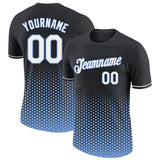 Custom Black White-Light Blue Geometric Hexagonal Dot Gradient Performance T-Shirt