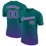 Custom Teal Purple-White Geometric Hexagonal Dot Gradient Performance T-Shirt