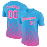 Custom Sky Blue Pink-White Geometric Hexagonal Dot Gradient Performance T-Shirt