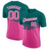 Custom Teal Pink-White Fade Geometric Splatter Fragmented Shards Performance T-Shirt