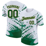 Custom White Green-Old Gold Brush Stroke Shatter Splatter Performance T-Shirt
