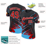 Custom Black Red Sky Blue-White Brush Stroke Shatter Splatter Performance T-Shirt