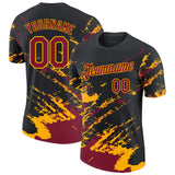 Custom Black Crimson-Gold Brush Stroke Shatter Splatter Performance T-Shirt