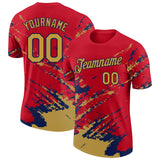 Custom Red Old Gold-Navy Brush Stroke Shatter Splatter Performance T-Shirt