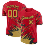Custom Red Old Gold-Black Brush Stroke Shatter Splatter Performance T-Shirt