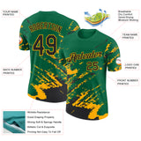 Custom Kelly Green Black-Gold Brush Stroke Shatter Splatter Performance T-Shirt