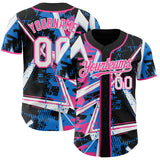Custom Black White Electric Blue-Pink Geometric Shards Dot Grid Authentic Baseball Jersey