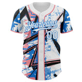 Custom White Medium Pink-Electric Blue Geometric Shards Dot Grid Authentic Baseball Jersey