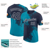 Custom Navy Teal-White Abstract Brush Stroke Performance T-Shirt