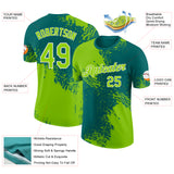 Custom Teal Neon Green-White Abstract Brush Stroke Performance T-Shirt