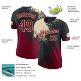 Custom Black Crimson-Cream Abstract Brush Stroke Performance T-Shirt