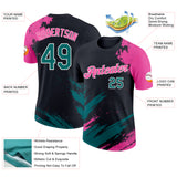 Custom Black Teal Pink-White Abstract Brush Stroke Splatter Performance T-Shirt