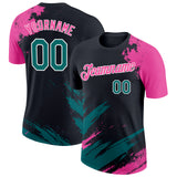 Custom Black Teal Pink-White Abstract Brush Stroke Splatter Performance T-Shirt
