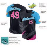 Custom Black Pink Sky Blue-White Abstract Brush Stroke Splatter Performance T-Shirt