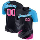 Custom Black Pink Sky Blue-White Abstract Brush Stroke Splatter Performance T-Shirt