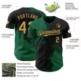 Custom Black Old Gold-Kelly Green Abstract Brush Stroke Authentic Baseball Jersey