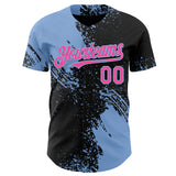 Custom Black Pink-Light Blue Abstract Brush Stroke Authentic Baseball Jersey