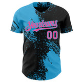Custom Black Pink-Sky Blue Abstract Brush Stroke Authentic Baseball Jersey