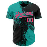 Custom Black Neon Pink-Aqua Abstract Brush Stroke Authentic Baseball Jersey