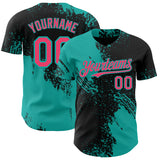 Custom Black Neon Pink-Aqua Abstract Brush Stroke Authentic Baseball Jersey