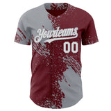Custom Burgundy White-Gray Abstract Brush Stroke Authentic Baseball Jersey