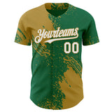 Custom Kelly Green White-Old Gold Abstract Brush Stroke Authentic Baseball Jersey
