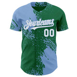 Custom Kelly Green White-Light Blue Abstract Brush Stroke Authentic Baseball Jersey
