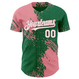 Custom Kelly Green White-Medium Pink Abstract Brush Stroke Authentic Baseball Jersey