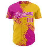 Custom Yellow Deep Pink-White Abstract Brush Stroke Authentic Baseball Jersey