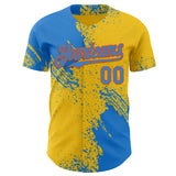 Custom Yellow Electric Blue-Orange Abstract Brush Stroke Authentic Baseball Jersey