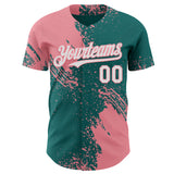 Custom Teal White-Medium Pink Abstract Brush Stroke Authentic Baseball Jersey
