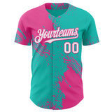 Custom Aqua White-Pink Abstract Brush Stroke Authentic Baseball Jersey