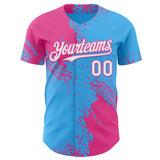 Custom Sky Blue White-Pink Abstract Brush Stroke Authentic Baseball Jersey