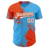 Custom Sky Blue White-Orange Abstract Brush Stroke Authentic Baseball Jersey