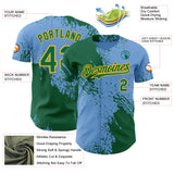Custom Light Blue Kelly Green-Gold Abstract Brush Stroke Authentic Baseball Jersey
