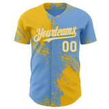 Custom Light Blue White-Yellow Abstract Brush Stroke Authentic Baseball Jersey