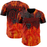 Custom Black-Red Flames Skull Authentic Baseball Jersey