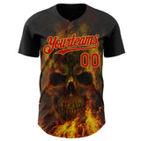 Custom Black Red-Old Gold Flames Skull Authentic Baseball Jersey