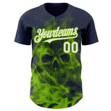 Custom Navy White-Neon Green Flames Skull Smoke Authentic Baseball Jersey