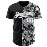 Custom Black White-Gray Skull And Rose Authentic Baseball Jersey