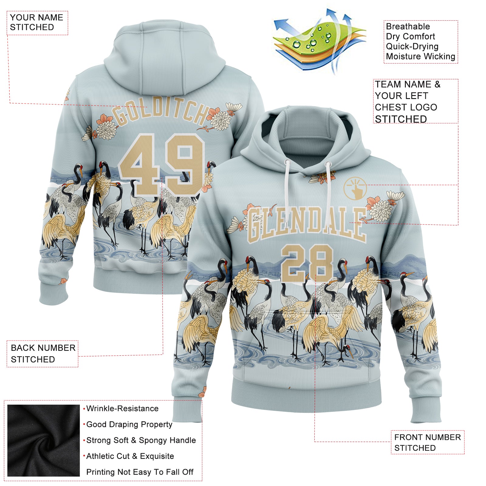 Custom Stitched Lakes Blue White-Vegas Gold 3D Pattern Design Heron Sports Pullover Sweatshirt Hoodie
