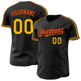 Custom Black Gold-Orange Raglan Line Gradient Stripe Authentic Baseball Jersey