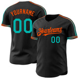 Custom Black Aqua-Orange Raglan Line Gradient Stripe Authentic Baseball Jersey